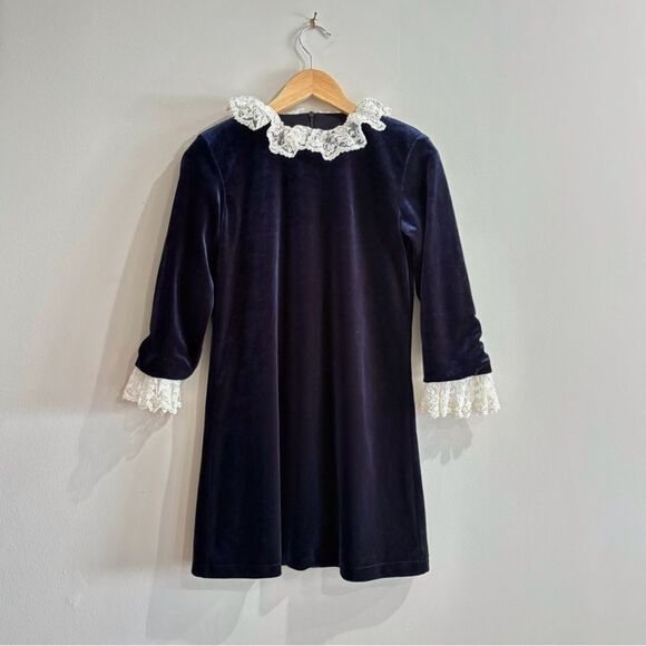 Mademoiselle Charlotte Navy Velvet Dress Ivory Lace Collar Cuffs Girls Sz 10 - Picture 2 of 11